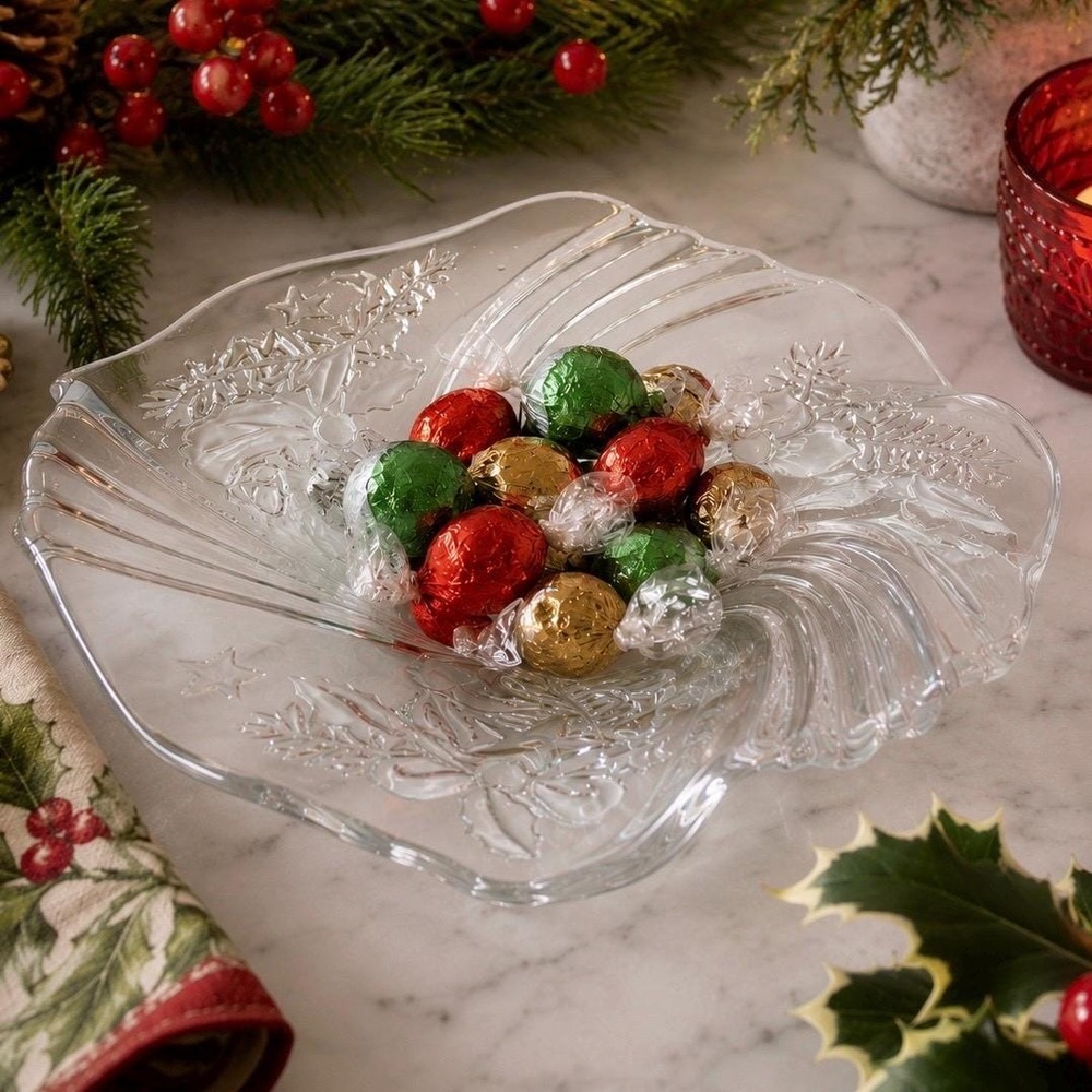 Christmas Centerpiece Crystal Candy Dish Bon Bon Plate Holiday Serving Dish‎ NIB